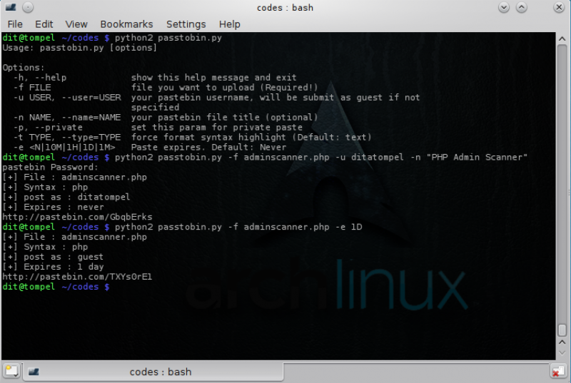 PassToBin, Simple Pastebin API Python Script